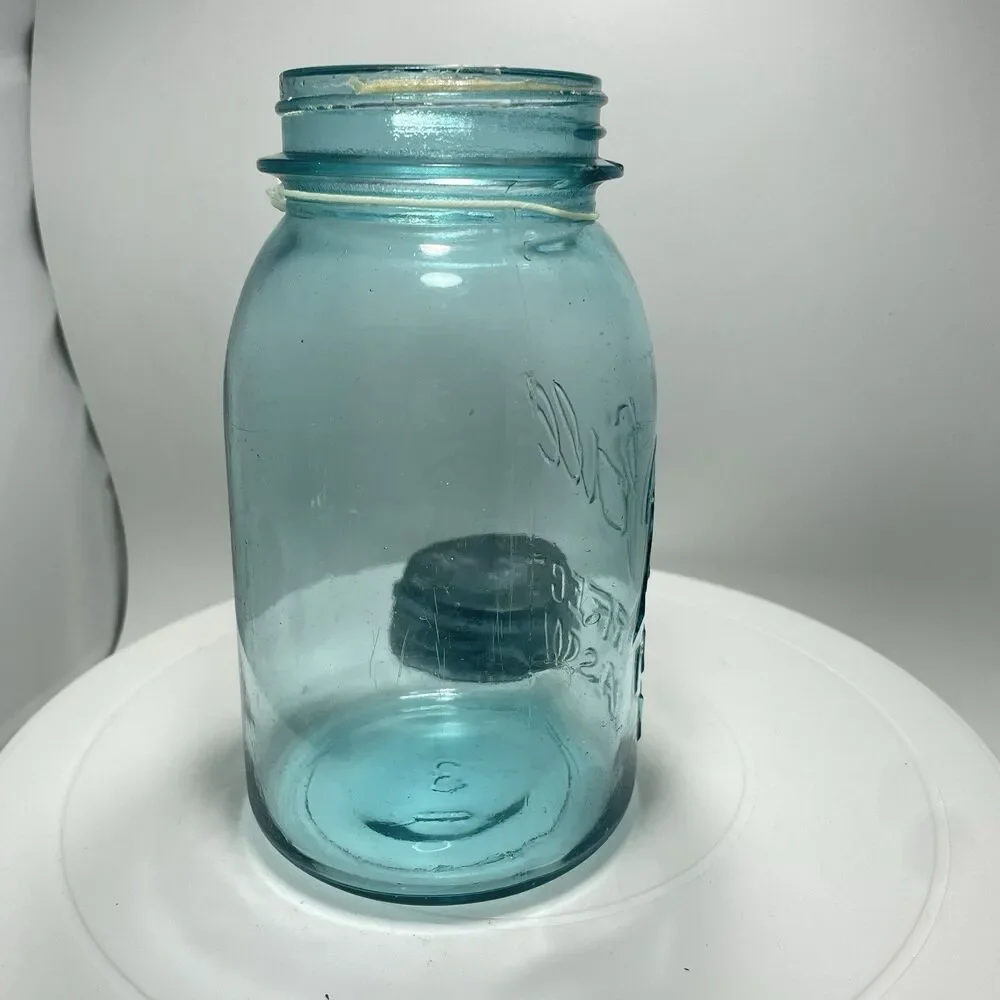 Vtg Ball Perfect Mason Green Glass Jar w Zinc Lid Wide Mouth Quart #4